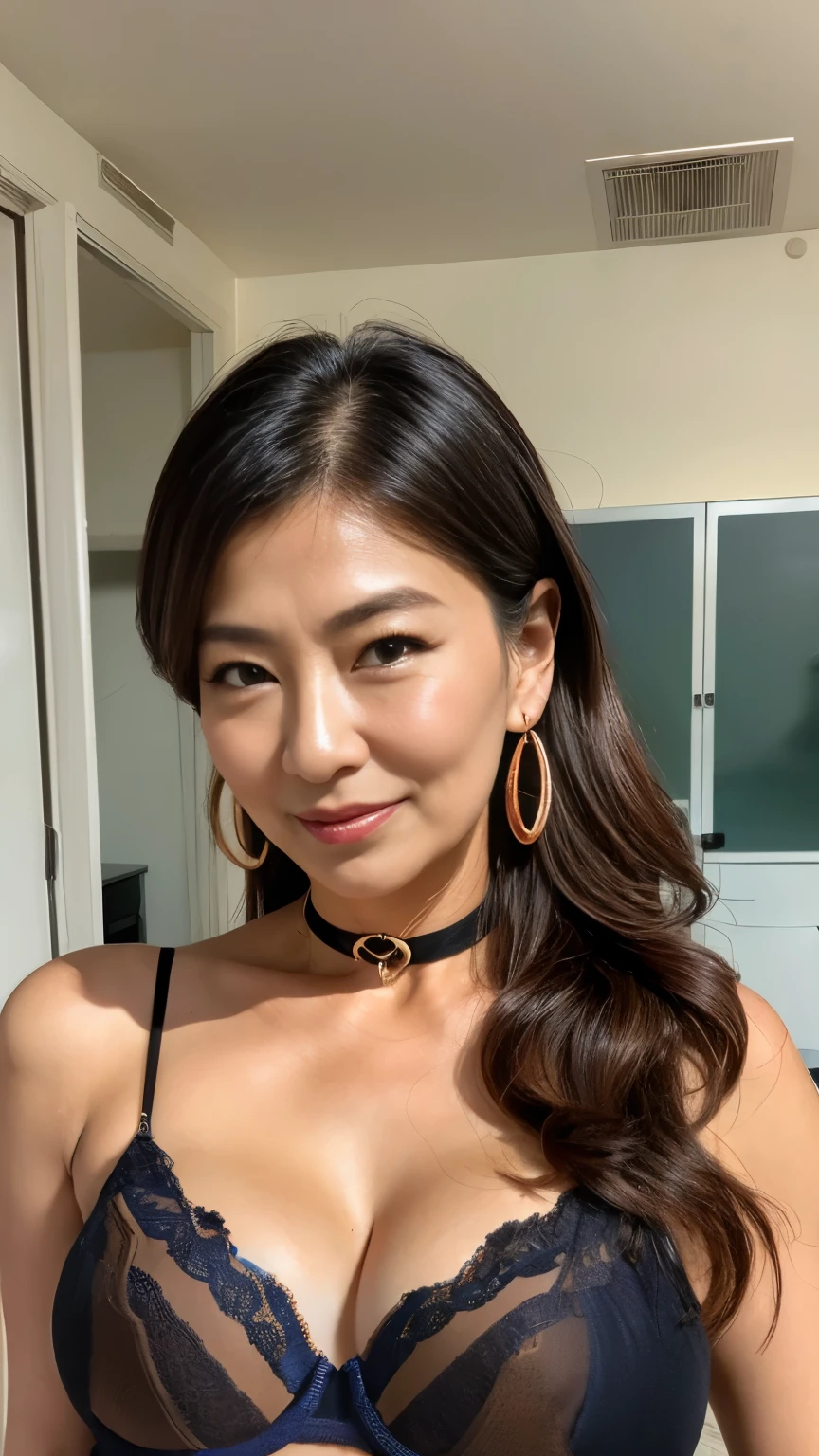 ７５ 　mom　milf　Korean, Lady　large earring　Big choker　navel piercing decoration　A bracelet　realisitic　Gorgeous Madame Beautiful Mature Woman　sexly　Smile　Gentle woman navel piercing　４K　High quality　Mechanical room　Boiler room　Glasses