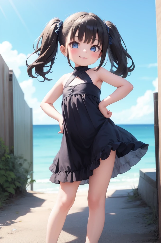 masterpiece, best quality, 1girl, looking at viewer, evil smile, blue sky, twintails, cute dress, hand on hip