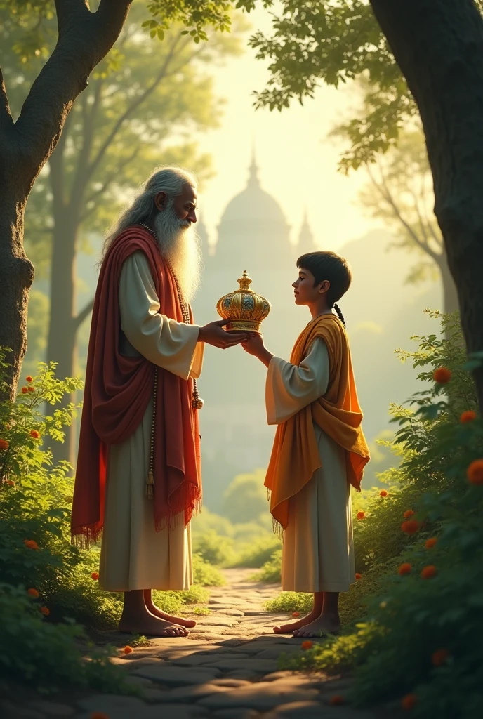 in 3d,King Someshwar’s Renunciation: A peaceful image of King Someshwar handing over his crown to young Prithviraj before retreating to the forest as a sanyasi