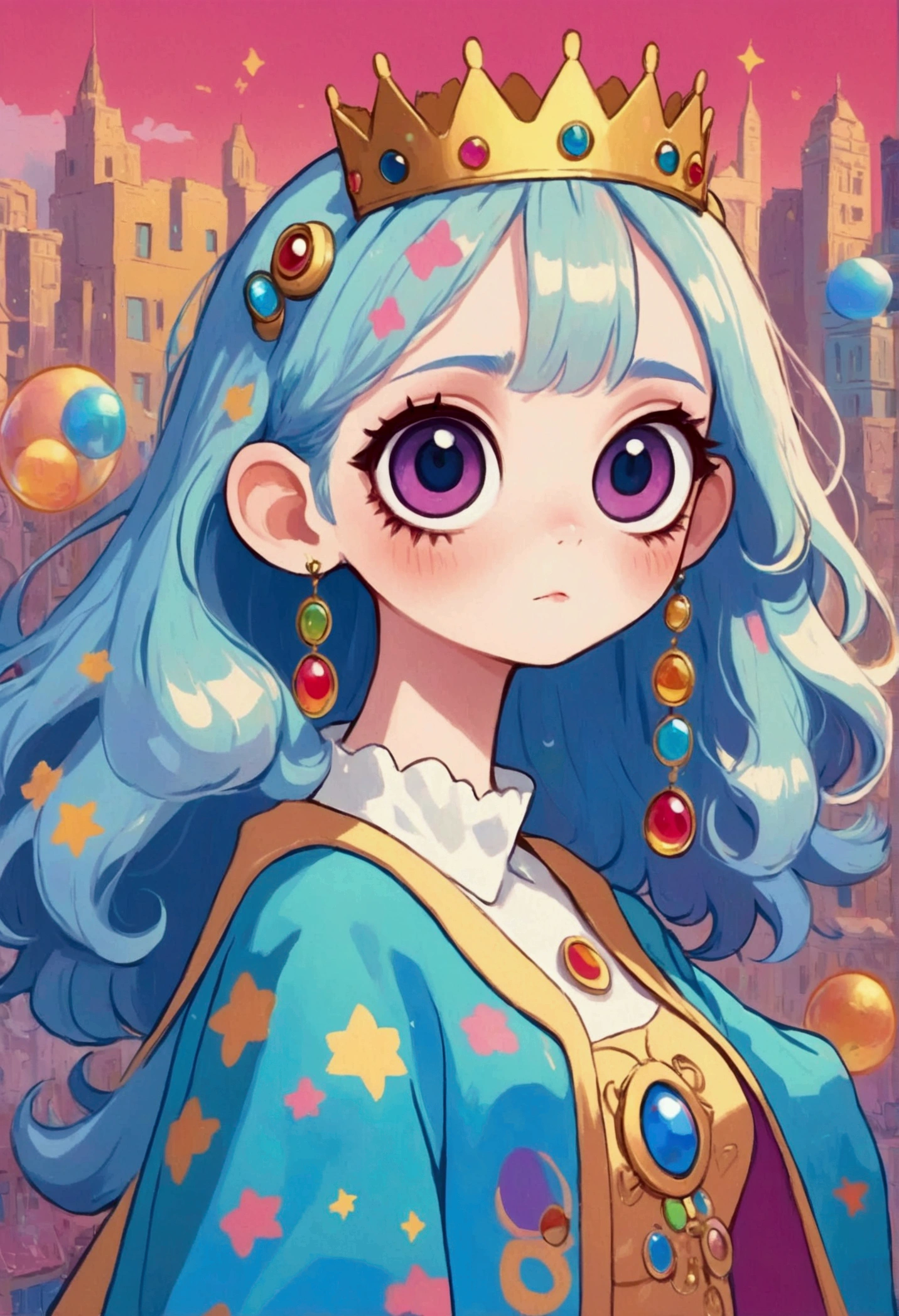 big eyes、cartoon girl with a crown on her head, Lo-Fi Girl, Anime atmosphere, rich and colorful illustration, cute cartoon, Lovely art style, rich and colorful! role conception, Hand drawn cartoon art style, "uwu prism people, Lofi art style, rich and colorfull illustration, Fantasy psychedelic anime, Retro anime girl, The art of math. rich and colorful comic, 2D Illustration