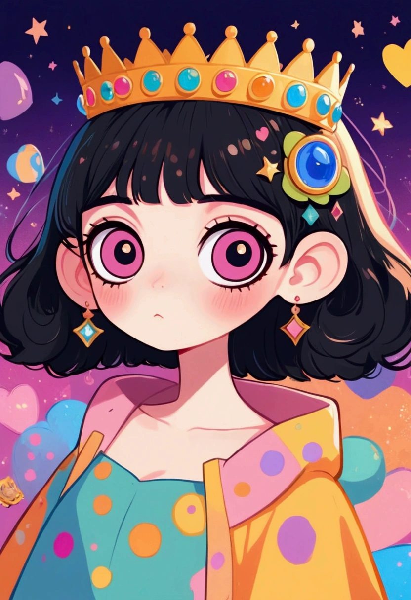 big eyes、cartoon girl with a crown on her head, Lo-Fi Girl, Anime atmosphere, rich and colorful illustration, cute cartoon, Lovely art style, rich and colorful! role conception, Hand drawn cartoon art style, "uwu prism people, Lofi art style, rich and colorfull illustration, Fantasy psychedelic anime, Retro anime girl, The art of math. rich and colorful comic, 2D Illustration