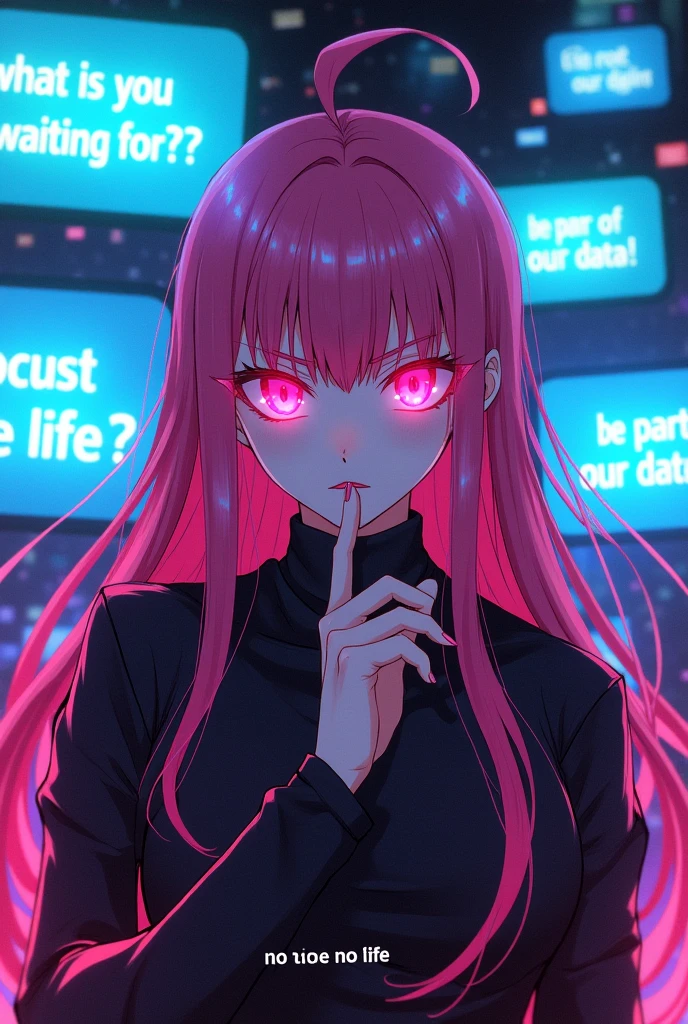 Generates a cyberpunk anime style character with long pink hair, and bright eyes that convey a threatening attitude. The character should be showing a hand near his mouth with a sinister expression. Surround the character with text bubbles containing the phrases 'What are you waiting for??' and 'Be part of our data' in bright blue. In the background, Features a neon retro video game-like pixelated aesthetic with vibrant lighting in blue and pink hues. On the bottom, displays the phrase 'No Role No Life' in a digital style font.”