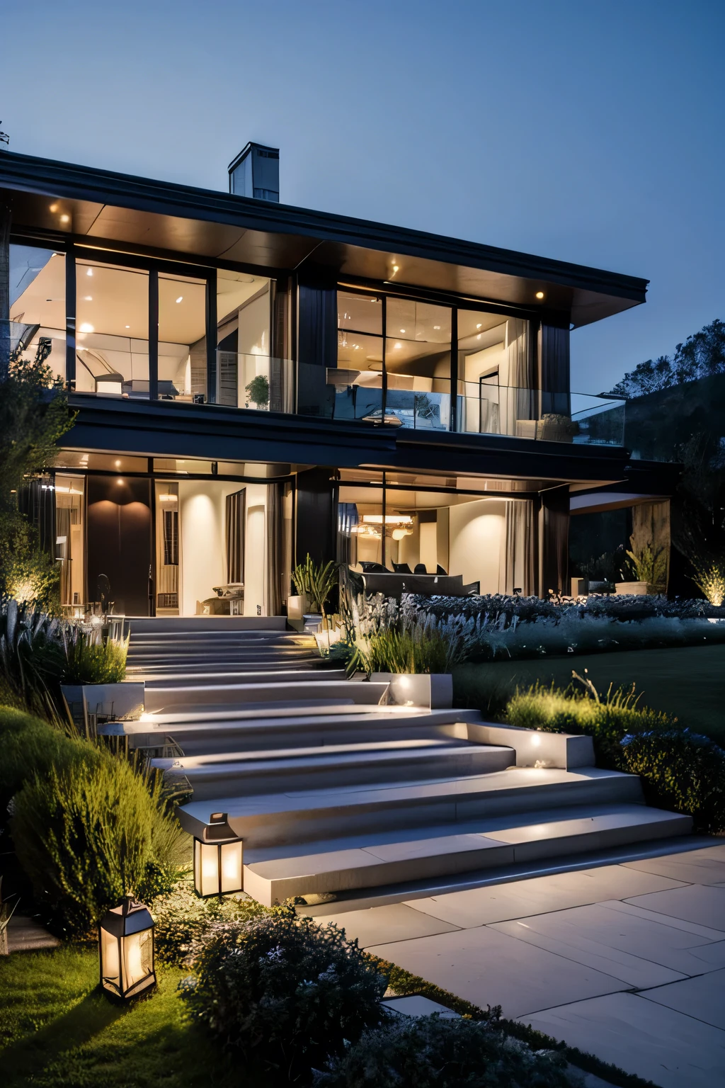 Beautiful luxury house with so many lights and beautiful landscape very big house and stairs lightining outside the building there is lot of flowers 