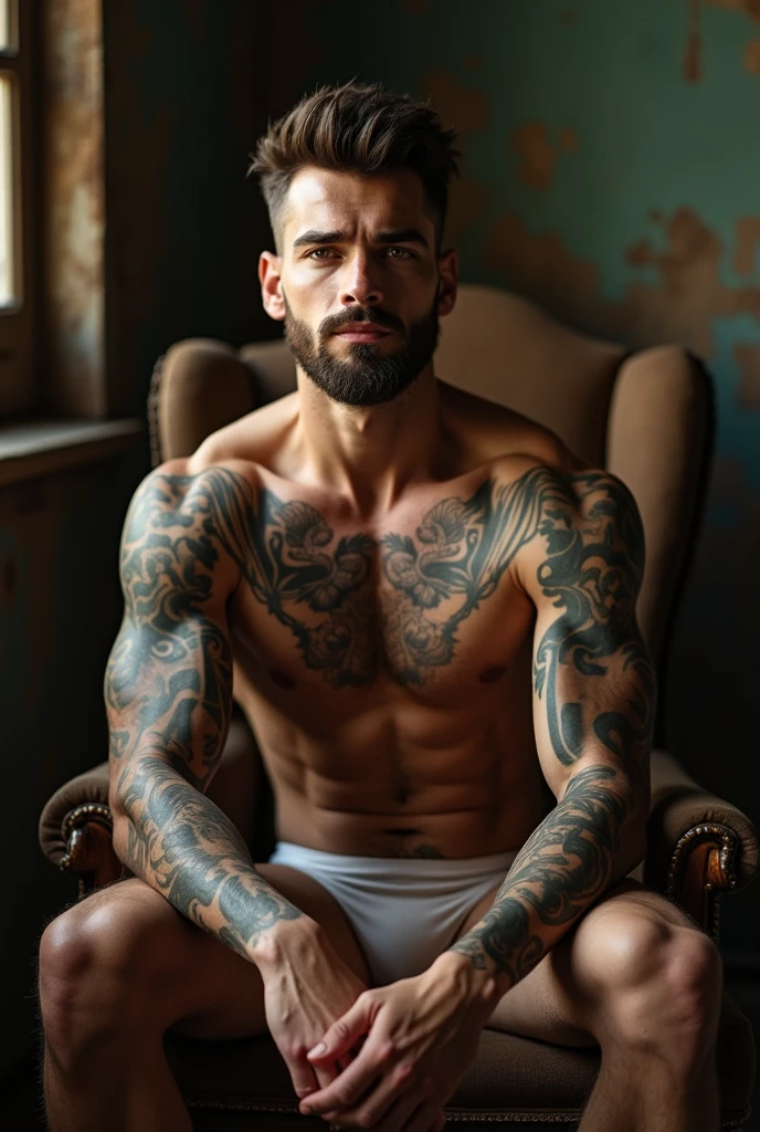 a beautiful sexy man with short brown hair little beard, muscular physique with tattoos, sitting facing forward on an old chair, sensual expression,wearing just a tiny underwear, (best quality,4k,8k,highres,masterpiece:1.2),ultra-detailed,(realistic,photorealistic,photo-realistic:1.37),hyper detailed skin texture, dramatic lighting, cinematic composition, moody atmosphere, warm color tones