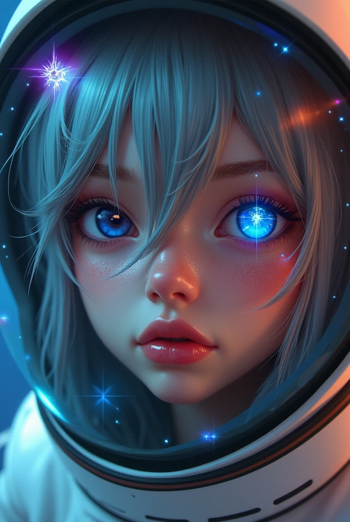 (Close-ups of even better masterpieces:1.5)0.9], (Space and astronauts:1.2) (Disheveled silver hair:1.1) (Heterochromia、Xanthochromia、blue eyes:1.2) (Space Helmet:1.0) (Colored stars in my eyes:1.0) (Shining Sparkle:1.1) (Thick lips:0.9)