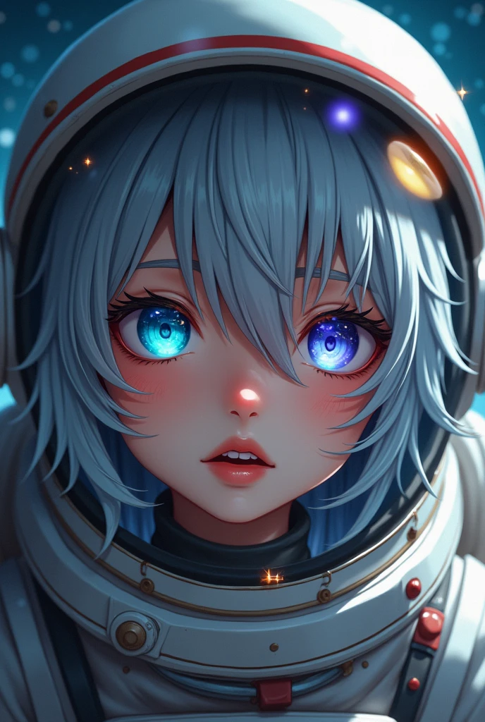 (Close-ups of even better masterpieces:1.5)0.9], (Space and astronauts:1.2) (Disheveled silver hair:1.1) (Heterochromia、Xanthochromia、blue eyes:1.2) (Space Helmet:1.0) (Colored stars in my eyes:1.0) (Shining Sparkle:1.1) (Thick lips:0.9)