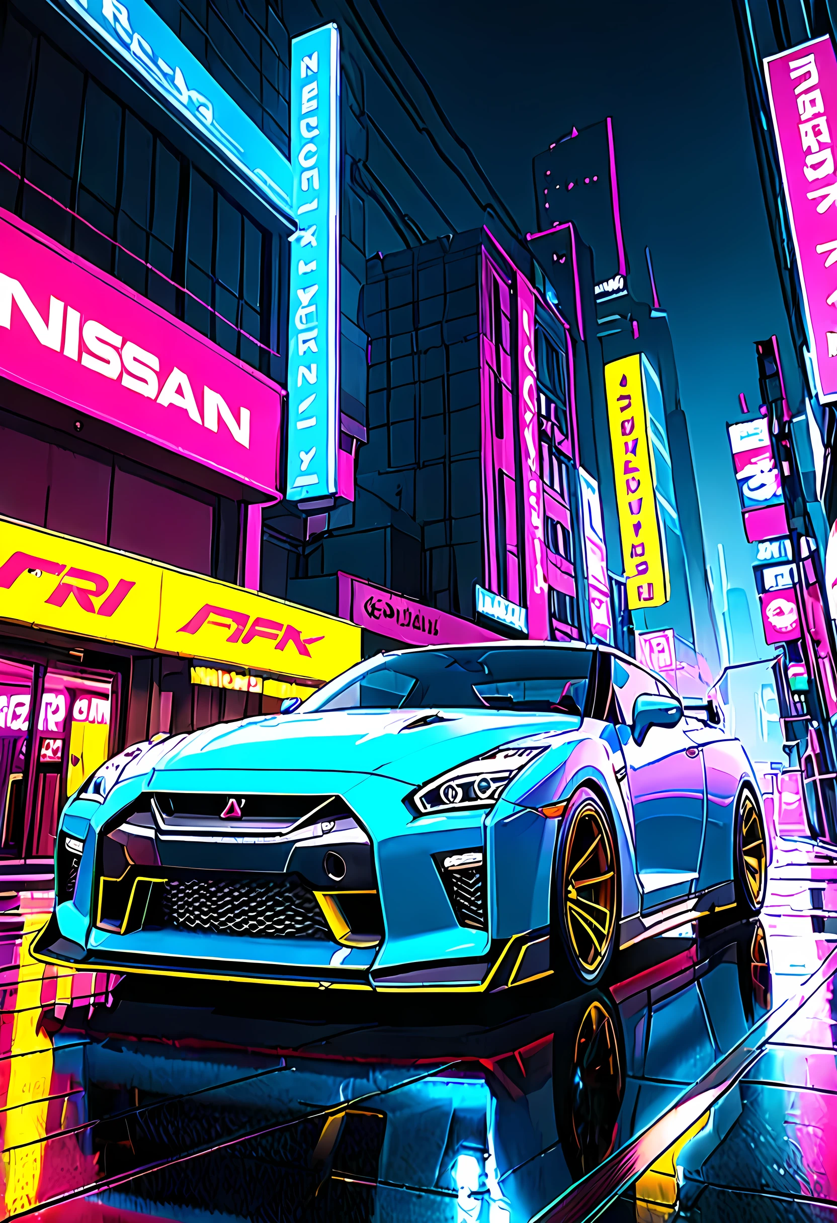 Cyberpunk 2077,lucy,Nissan GTR,cyberpunk style,neon lights,Top quality,ultra high resolution