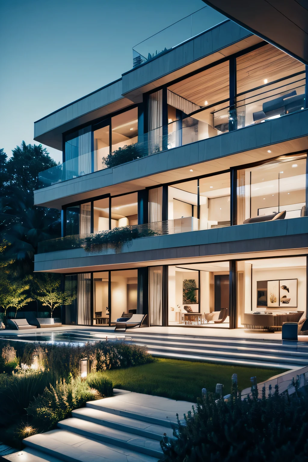Beautiful luxury house with so many lights and beautiful landscape very big house and stairs lightining outside the building there is lot of flowers