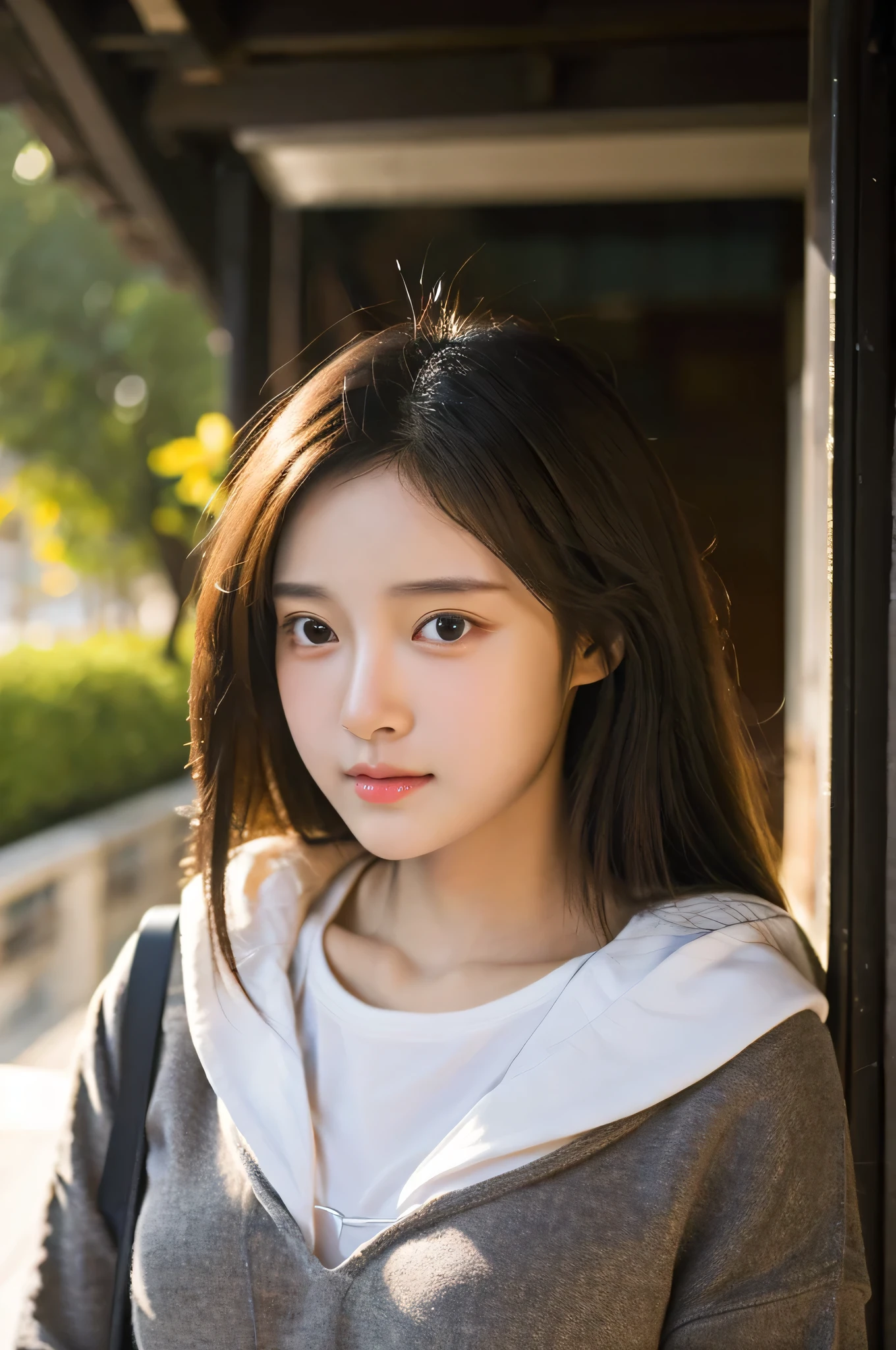 student girl korean cute face ((best quality)), ((masterpiece)), (detailed), perfect face, seductive, face and body focus, small breasts, casual clothes, photorealistic, casual hood, photorealistic, photograph, shiny blouse, background her home, out door