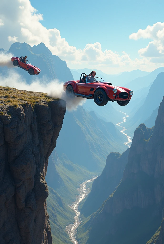 A car riders jump from mountain on the sky more
