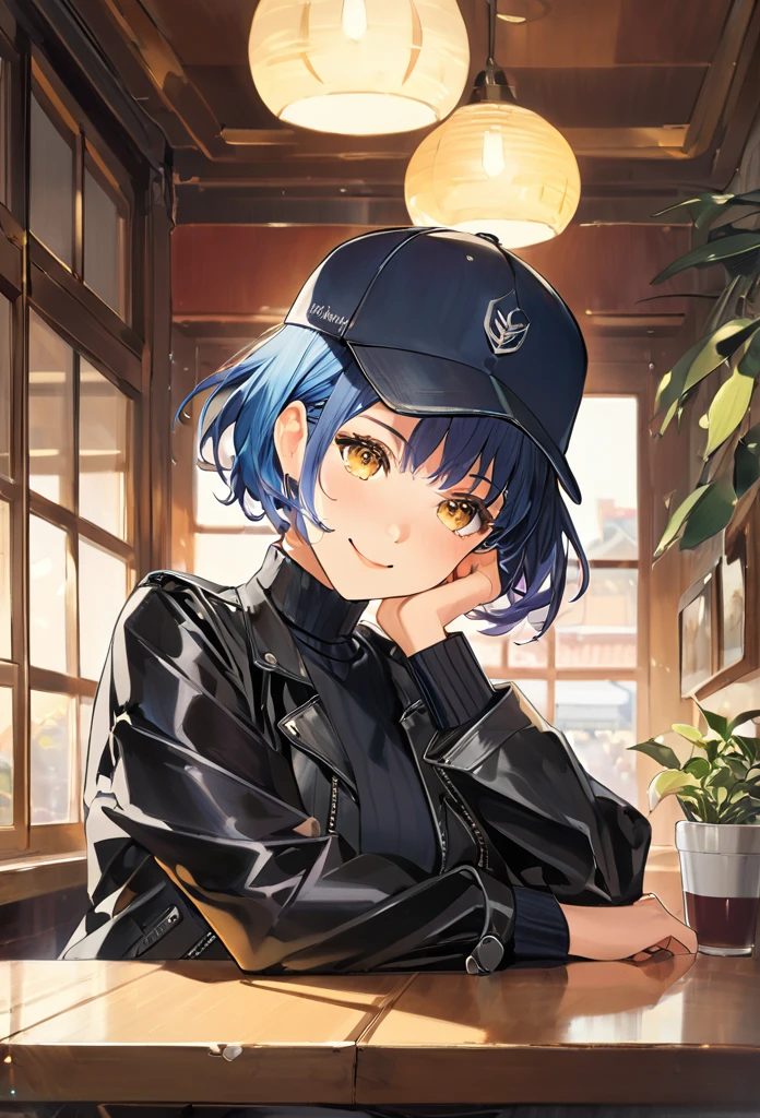 masterpiece, best quality, absurdres, score_9, score_8_up, score_7_up, source_anime, 1girl, yellow eyes, room, medium hair, pixie bob haircut, navy blue hair, happy face, portrait, starshadowmagician, solo, Adult woman, best perfect anatomy, Pose with hands tucked behind ears, Cheek resting on hand, cafe, indoors, window, crowd, sitting, steam, looking at viewer, black baseball cap, Black leather Jacket with black turtleneck, black trousers, upper body, smile, Shooting up close, Shooting from the side, hanging light, ceiling light, potted plant,