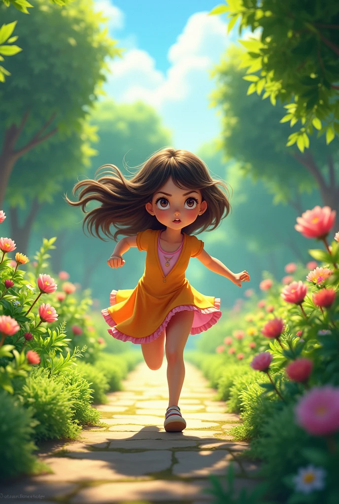 One girl running fast in garden