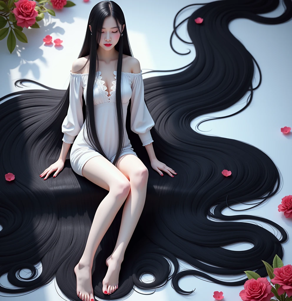 (best image quality、highest quality、highest resolution、super realistic photos、full body photo、masterpiece、16k、)1 girl、Amazingly long black hair is super beautiful、hair length about 3 meters、white underwear or naked、Hide your whole body with straight black hair、very beautiful face、Beautiful well-groomed black hair、very large amount of hair、Super long black hair that accentuates feminine sexiness、slim body shape、beautiful shiny hair、bright lighting、professional lighting、Winner of the World Long Hair Contest、full body real photo、head to toe photo、Photographed from approximately 4 meters away、super real、both hands、2 feet、longest black hair in the world、my hair is heavy、'tired、hair longer than rapunzel、very large amount of hair、She has very long black hair that covers her whole body.、Hair that is shampooed every day is very beautiful、My hair smells like roses and my very long black hair makes me sexy.、My charm is my long black hair.、Long black hair is a symbol of beauty、My pride is very long black hair、The length and volume of this long hair is admired all over the world、Very long black hair spread out in a fan shape、backwards、sleep on your stomach、Smooth black hair flowing from shoulders to floor、I have a lot of hair、My hair is very thick、Cover the entire bed with hair、Hiding your hands with your long hair、hide your fingers with long hair、A storm of black hair that seems to be spilling out of the screen、