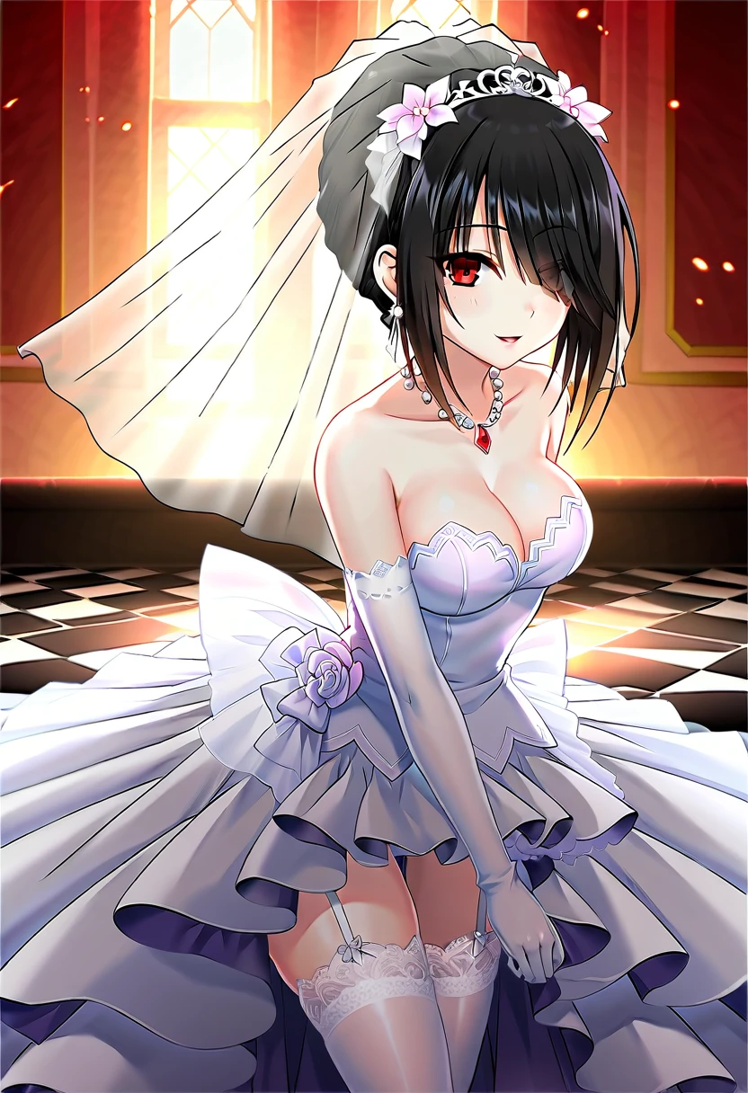 tokisaki kurumi,((masterpiece)),(((best quality))),((ultra-detailed)),((illustration)),((disheveled hair)),((frills)),(1 girl),(solo),1girl,bare shoulders,black hair,bow,bridal veil,bride,checkered,checkered floor,clothes pull,clothing,cross,dress,dress lift,dress pull,earrings,elbow gloves,female,female only,full body,garter straps,glass slipper,gloves,hair bun,hair over one eye,hand on window,headdress,head turned,high heels,jewelry,lace,lace trim,lace-trimmed legwear,lace-trimmed thighhighs,legs,lingerie,long legs,looking at viewer,necklace,open dress,open wedding dress,parted lips,red eyes,shoes,short hair,short hair with long locks,side view,smile,strapless dress,sunbeam,sunburst,sunlight,thighhighs,tied hair,veil,wedding dress,white bow,white legwear,white thighhighs,window,full body,Rating:safe,profile,from side,


