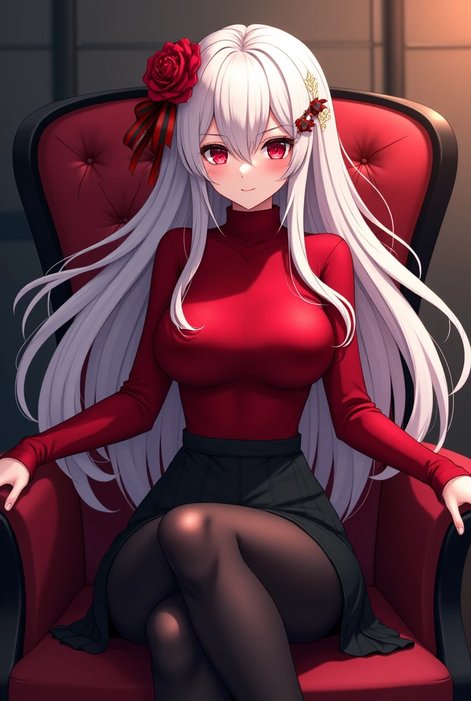 Anime woman with long white hair and blood red eyes. Wearing a red turtleneck sweater tucked into a black skirt, and leggings with high heels. She has some of her hair pinned back and a rose and some red ribbons as decoration in her hair. She is sitting in a chair with her legs crossed. She has a calm and confident expression on her face.