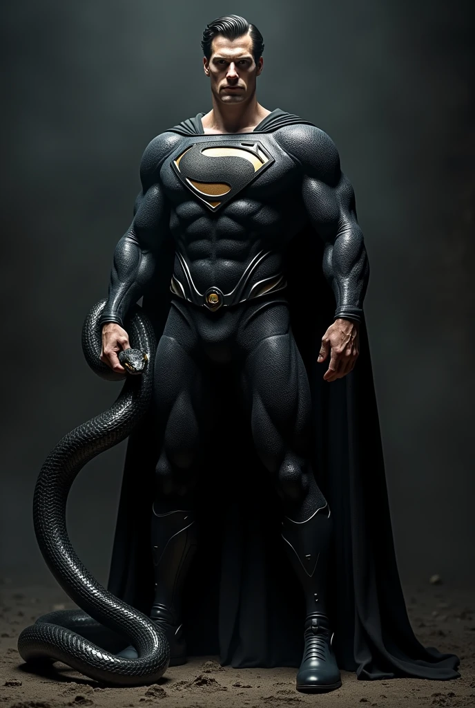 Superman is standing with his venomous snake emblem symbol with a python annaconda and black theme on his chest, his costume is a black.