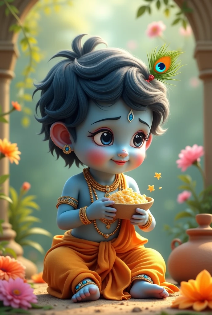 a cute little Krishna Ji eating makkhan from the mud pot sitting in beautiful scenario. Write "Happy Krishna Janmasthami" on the top left in small but attractive way. Make sure to make lord Krishna has light blue skin and slightly smiling cutely and a peacock' s one feather on his head and his hair must be arranged nicely and cutely 

