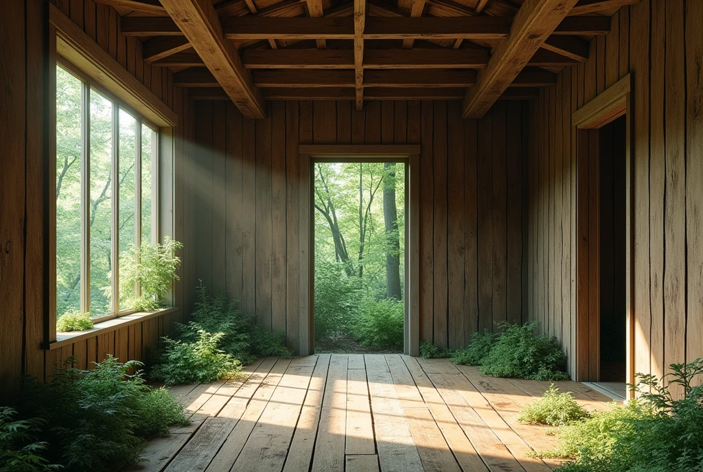 In a room made of old wood in the forest, there is no one.
