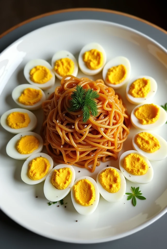 real restaurant quality symmetrical plating of palabok deviled egg