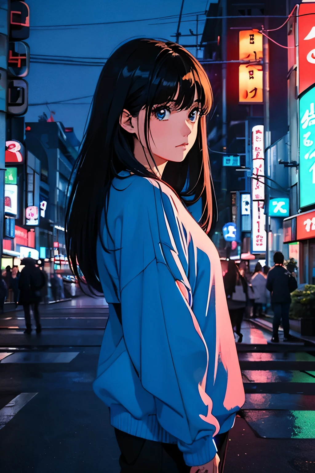 Tokyo at Night、Neon lights,Young beautiful woman with dark hair、Long Hair、Looking into the distance with an ennui look,Blue jumper,whole body、beautify your eyes、Clear your eyes,