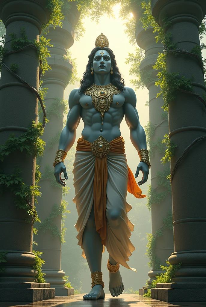 The historical god of India whose form is like Krishna and who lives in heaven. in male version with shinning face
or face not visible There are pillars in the background and branches of trees are wrapped around them.