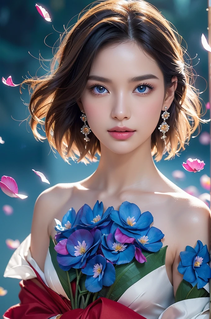 woman, Beautiful Face, perfection face, Full black hair, Pale white skin, 小さなsmile, sexy, perfection, Face zoom in, Shoot close to your face against a completely white background, 最high quality, detailed, Canon EOS 80D Photo, Tall face, indoor, (最high quality, masterpiece, Official Art, Beautiful and aesthetic:1.2), 1 girl, blonde, (hair ornaments, Earrings, flowers hair ornaments), Upper Body, Dynamic pose, Watching the audience, particle, Wind, flower, Complex background, Very detailed, (Fractal Art:1.2), colorful, (Tangled:1.2), (Abstract background:1.5), (Many colors:1.4), Pixelated fragment, Data corruption, colorful noise, Visual chaos, Contemporary aesthetics,128,000人のwomanモデル, Huge breasts, eye, ((Random short hairstyles)), High resolution, A whimsical dance unfolds against a crisp white backdrop, as a multicolored harlequin woman's upper body twirls in vibrant splendor. Her dress, a tapestry of swirling patterns, playful textures, and wispy cloud-like fabrics, radiates with kaleidoscopic colors. Stylized ??????? and fantastical details adorn her face, hair, and clothing, as soft, dreamy lighting casts subtle shading, adding depth to the composition.Upper Body, No background, Studio Lightning, ((High resolution, one beautiful young woman,latex (Soft Saturation:1.3), (Fair skin:1.2), wearing red clothes, 85mm lens,f/8.0, Background Gal, Brown Hair, Generate hyper realistic image of a beauty portrait where shadows play a crucial role in sculpting the woman's features. Experiment with dramatic lighting、Creates interesting shadows that accentuate the contours of the face。。。. masterpiece, high quality realistic photo, Realistic raw photos, high quality, 8k, Cinematic lighting, High Contrast, Bright colors, (detailedな顔:1.2),portrait of a very Large Breasts beautiful Inran_Japanese German_beauty, Very bright backlight, wear (princess dress made of ((blue flower petals)):1.3),(transcendent beauty of a flower princess:1.3), break, perfection face,perfection eyes,HD d