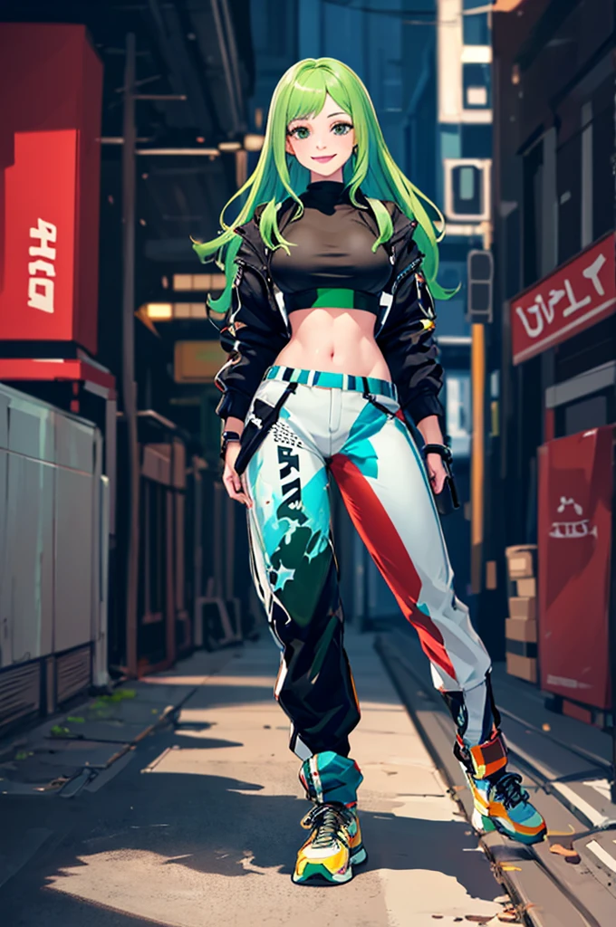 high quality, subsurface scattering, chromatic lighting,
colorized, green + white limited color palette,
detailed concept drawing,
Street girl, full body, no weird things or color on her face,
portrait, 20yo 1girl, medium soft breasts, slender, crop top, jacket, combat pants, long green hair, black eyes, posing, smiling