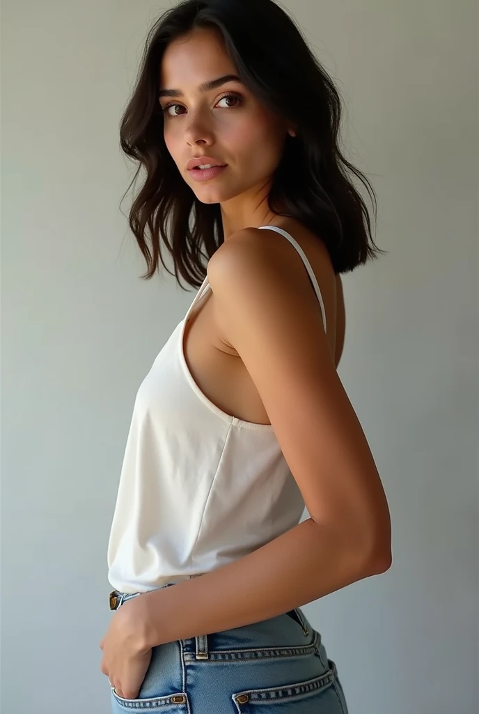 A full body picture of a spanish girl with wavy short hair, slim woman. Slender woman. natural skin texture. Wearing a blouse and low rise skinny jeans., 4K textures, HDR, intricate, highly detailed, sharp focus, hyper-detailed