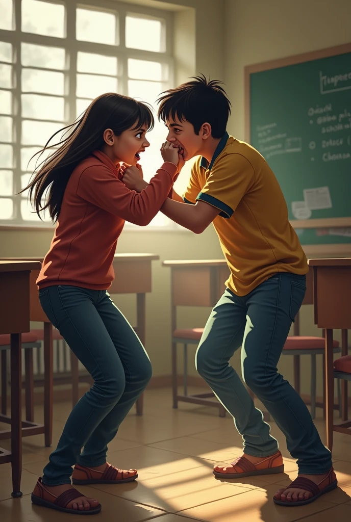 A girl and a boy fighting in school India. In pants. Angry face. Inside class 