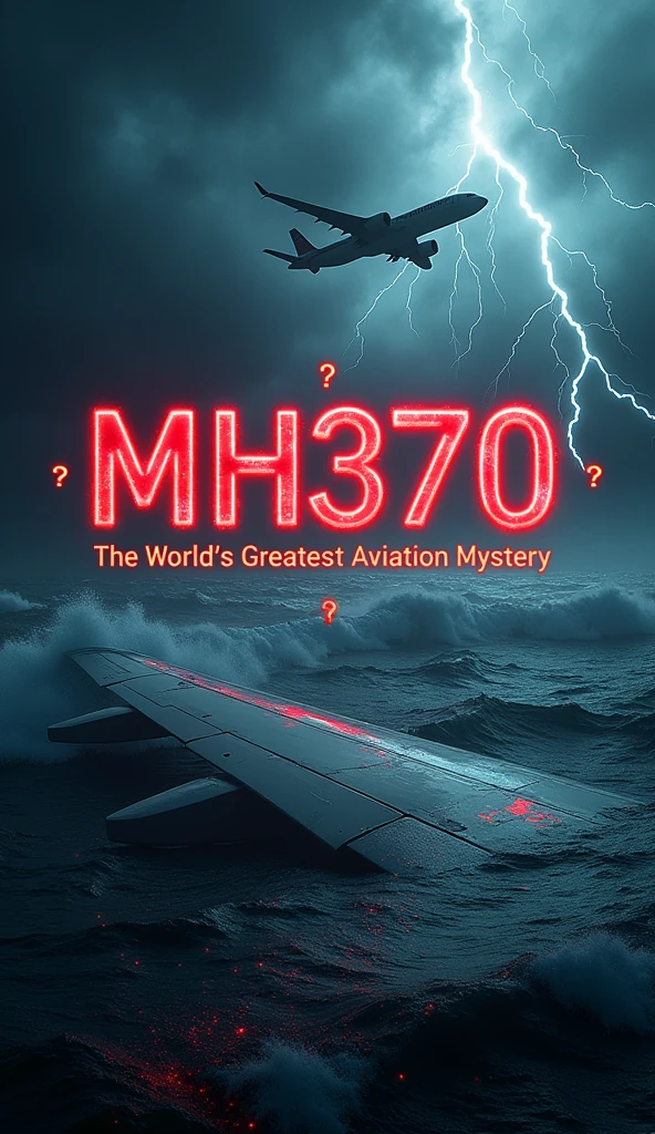 “A stormy, dark ocean with towering waves crashing violently. In the foreground, pieces of wreckage, including a partially submerged plane wing with the MH370 logo barely visible, float ominously. Lightning strikes in the distance, casting eerie light over the scene. The faint shadow of a plane looms above the water, blending into the dark sky. Red, glowing question marks and radar blips scatter around the scene. The title, ‘MH370: The World’s Greatest Aviation Mystery,’ is splashed across the top in bold, electrifying letters with a crackling, distressed effect.”