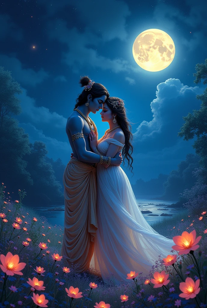 Radha Krishna blue
 night buteful light glowing flowers  ultra high quality 