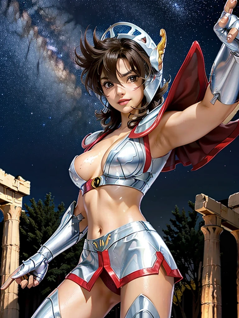 masterpiece, best quality, ultra high res, realistic skin texture,silver armor, armature, (photorealistic:1.4), high resolution, raw photo, 1 girl, shiny skin, (detail skin:1.2), realistic skin texture, best lighting, wearing red panty, (perfect breast:1.3), sparkle, mecha armor, (short hair:1.2), (Pegasus Seiya:1.2), wearing a winged helmet, dramatic lighting, dynamic pose, (greek temple background:1.3), night sky, cosmos, milky way,