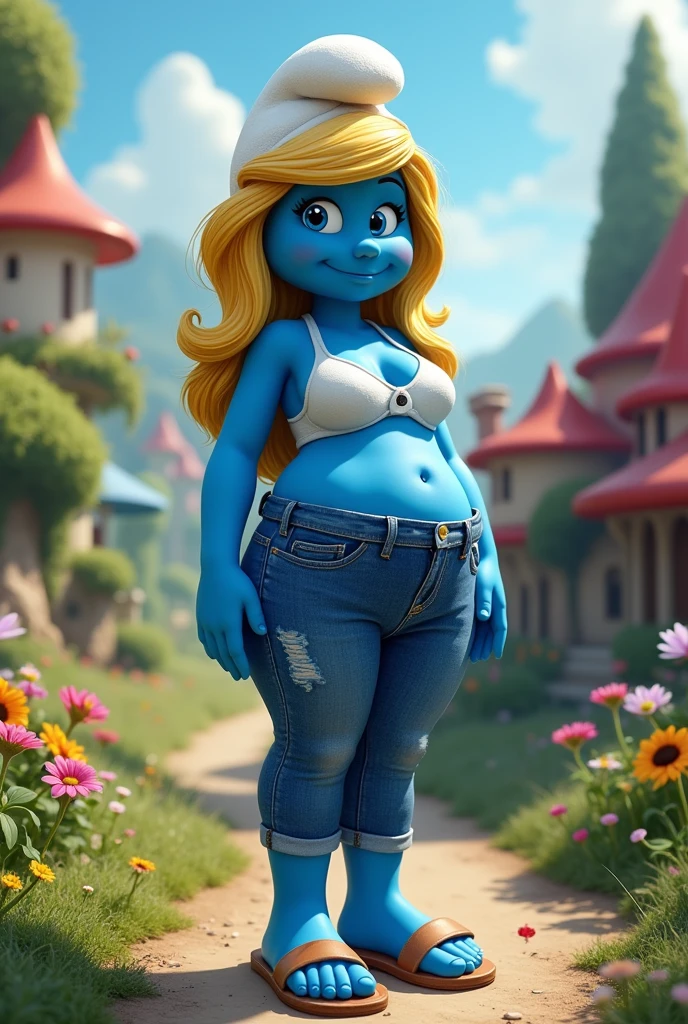 Smurfette with a too big butt, too big breasts, wearing sandals with very tight jeans and a neckline 