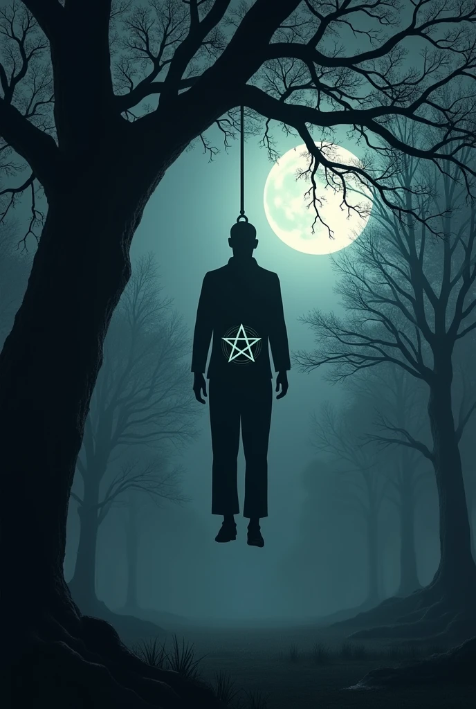 Make me a image of a man hanged with rope from a tree in a park ,during night with a symbol of witchcraft on his belly
