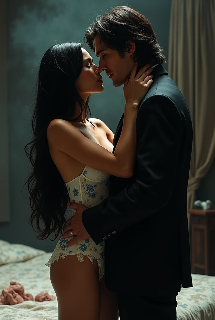 A woman, beautiful, long black hair, white dress with blue flowers, tight on her semi-large breasts, small waist and big hips, semi large rear. A tall man, robust and handsome, He has an elegant black suit, black eyes, semi-long hair that falls over his forehead. The man grabs the woman&#39;s neck with his right hand as if he were strangling her while they look at each other face to face with hatred., They are in a room, at night, where you see a king size bed with underwear.