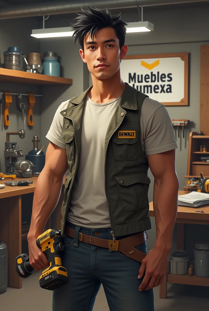 character:
Age and Appearance: Young male, About 30 years, with a confident and energetic attitude, He does not have a beard.
hair: negro, short and somewhat disheveled, with strands that fall slightly over the forehead for a modern look.
CLOTHES: She is wearing a tight t-shirt, Possibly in a dark color like black or gray, and a purple sleeveless vest on top. The vest has several tool pockets and functional details..
Accessories: He holds a yellow and black Dewalt impact driver in one hand, which adds a touch of action and dynamism to the image.
bottom:
Environment: A repair or DIY workshop. The background is full of shelves with tools, melamine furniture and some machines or work benches.
Background details: Tools hanging on the wall, an open toolbox with various tools scattered around, and perhaps some blueprints or manuals on a work table to give the environment a more authentic feel, The character is dedicated to assembling melamine furniture, On the wall there is a white picture that says MUEBLES LUMEXA