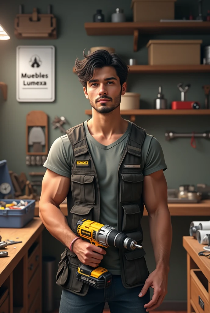 character:
Age and Appearance: Young male, About 30 years, with a confident and energetic attitude, He does not have a beard.
hair: negro, short and somewhat disheveled, with strands that fall slightly over the forehead for a modern look.
CLOTHES: She is wearing a tight t-shirt, Possibly in a dark color like black or gray, and a purple sleeveless vest on top. The vest has several tool pockets and functional details..
Accessories: He holds a yellow and black Dewalt impact driver in one hand, which adds a touch of action and dynamism to the image.
bottom:
Environment: A repair or DIY workshop. The background is full of shelves with tools, melamine furniture and some machines or work benches.
Background details: Tools hanging on the wall, an open toolbox with various tools scattered around, and perhaps some blueprints or manuals on a work table to give the environment a more authentic feel, The character is dedicated to assembling melamine furniture, On the wall there is a white picture that says MUEBLES LUMEXA