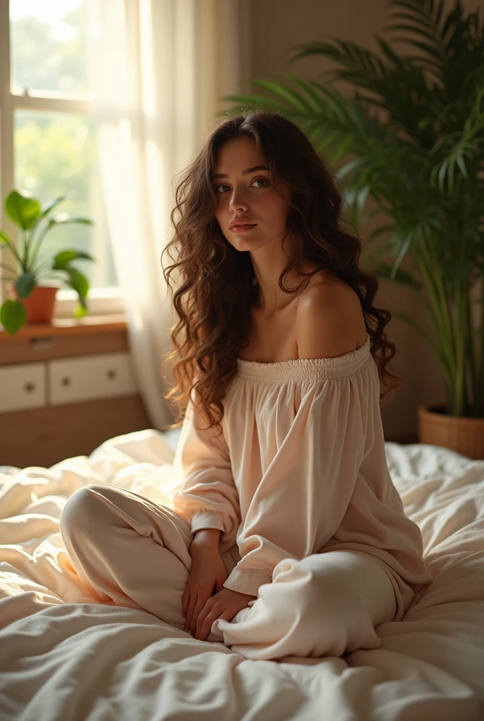 (photorealism:1.2), beautiful woman, sitting on bed, wearing loose off-shoulder top, pajama pants, long curly hair, indoors, soft lighting, plants in background, window with sunlight, cozy room, relaxed pose, realistic, intricate details, warm colors, by Greg Rutkowski, by Alphonse Mucha