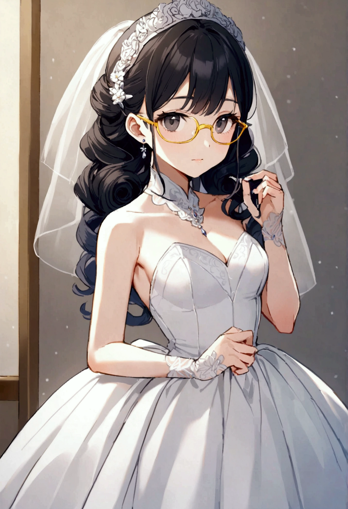 20 years old girl, long curly black hair, black eyes, wearing glasses with yellow frames, wearing a wedding dress