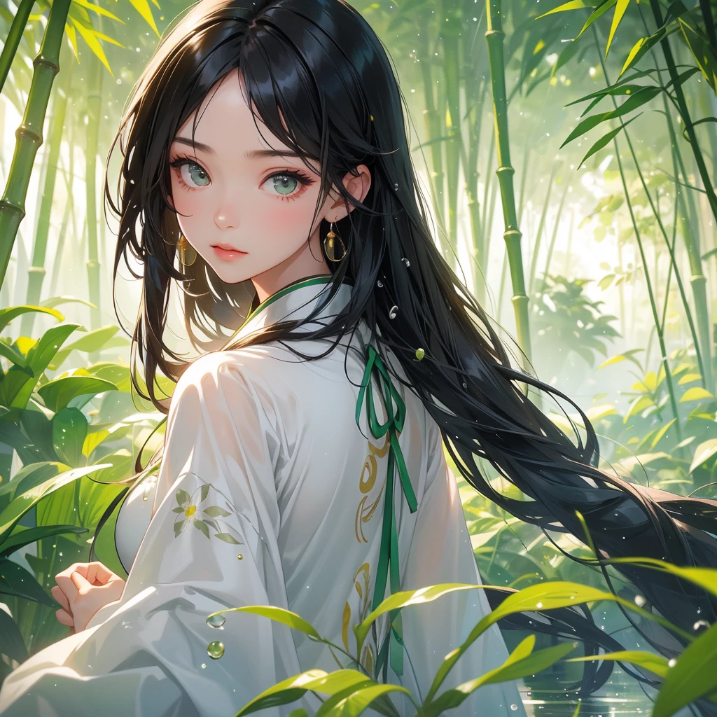 A beautiful girl with black long hair, wear white ancient chinese clothes, with the sun shining on her face, close up.

The back is a lush green bamboo forest. The air after rain has water droplets splashing around.