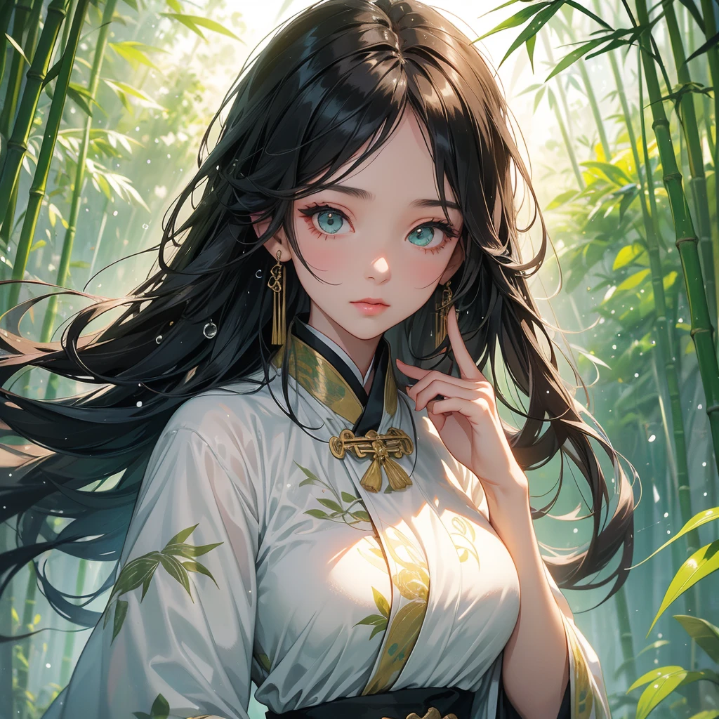 A beautiful girl with black long hair, wear white ancient chinese clothes, with the sun shining on her face, close up.

The back is a lush green bamboo forest. The air after rain has water droplets splashing around.