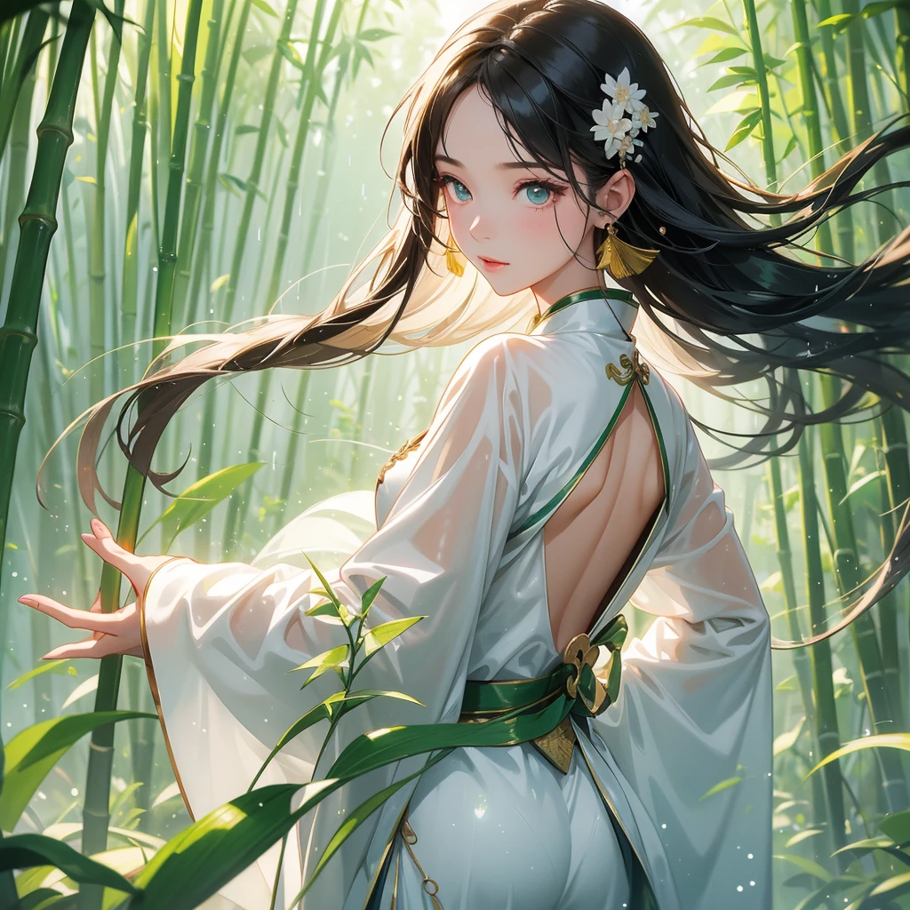 A beautiful girl with black long hair, wear white ancient chinese clothes, with the sun shining on her face, close up.

The back is a lush green bamboo forest. The air after rain has water droplets splashing around.