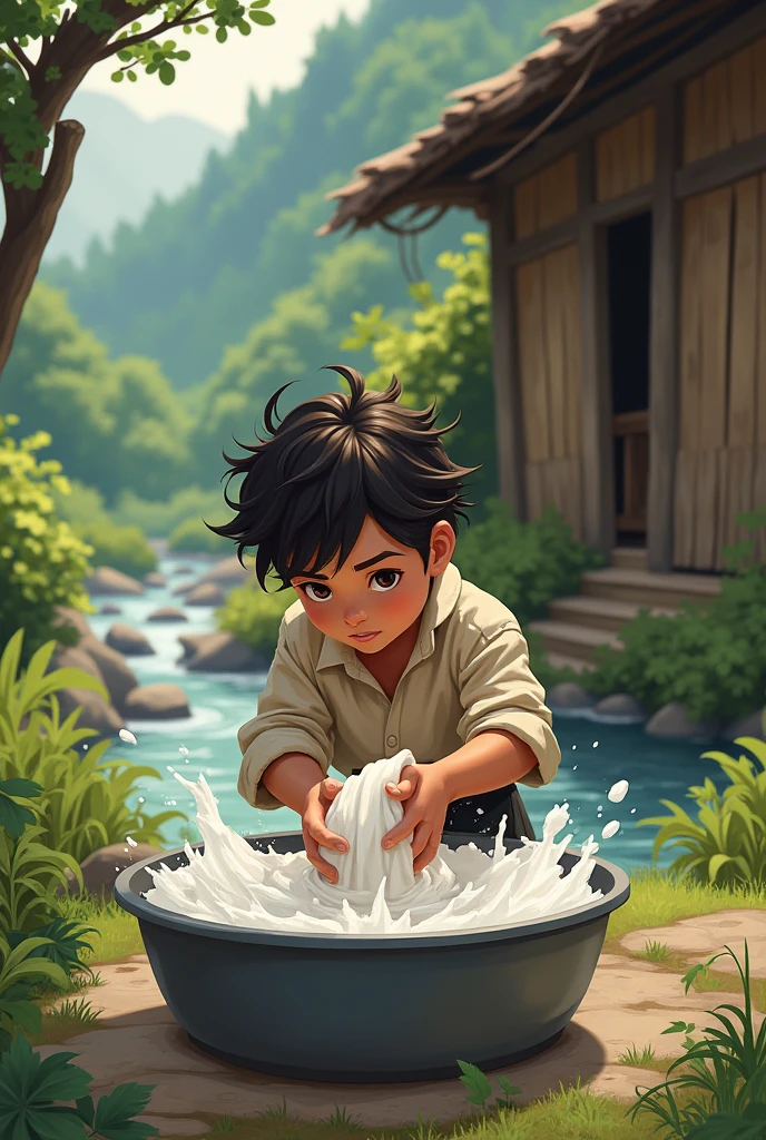 A boy washing clothes