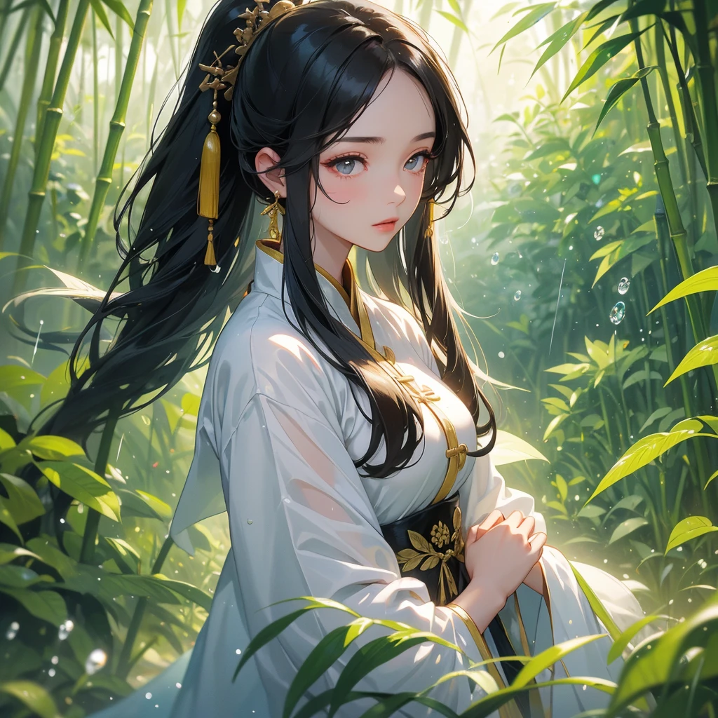 A beautiful girl with black long hair, wear white ancient chinese clothes, with the sun shining on her face, close up.
The back is a lush green bamboo forest. The air after rain has water droplets splashing around.