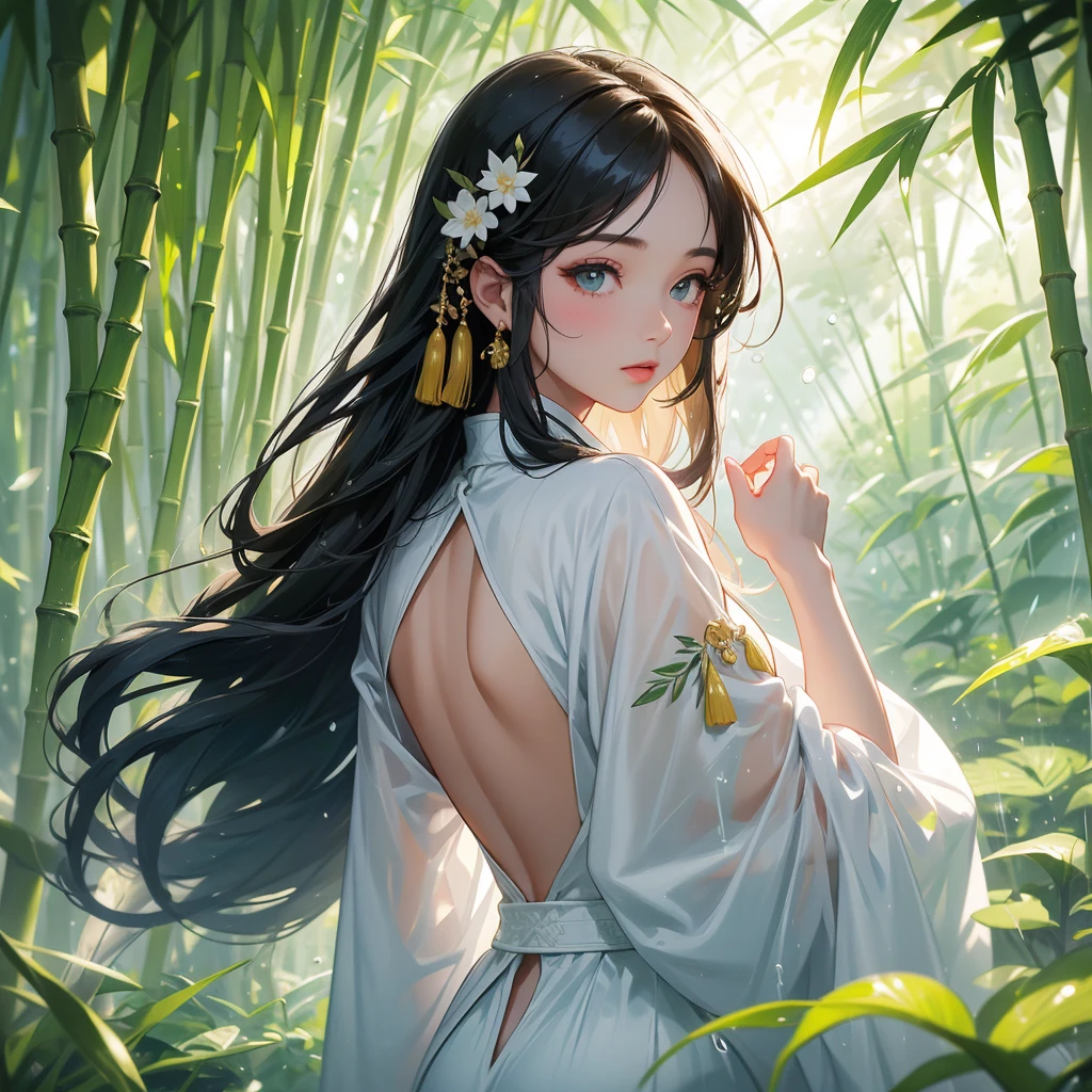 A beautiful girl with black long hair, wear white ancient chinese clothes, with the sun shining on her face, close up.

The back is a lush green bamboo forest. The air after rain has water droplets splashing around.