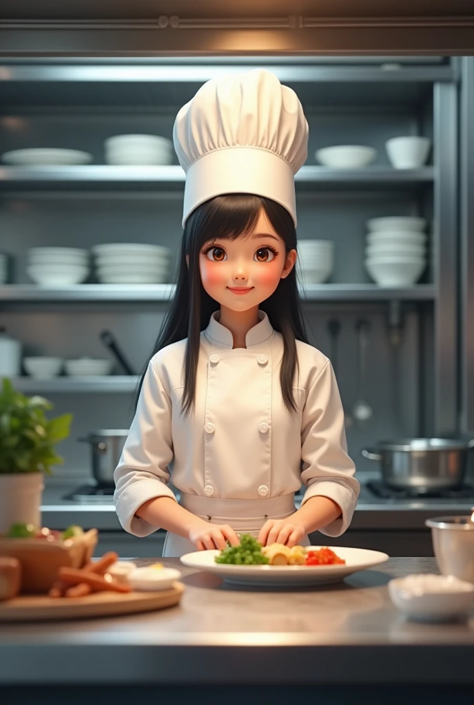 a its a girl, the theme is a chef, the background is he is in the kitchen make it realistic real person (the subject is in the center, in front if camera cooking ) eyes in front of camera black hair