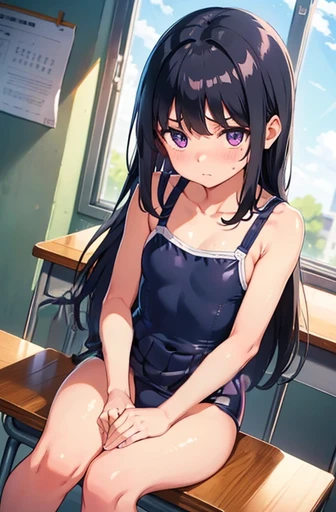 Elementary school girl, , Large Breasts, Black Hair, Long Hair, Purple eyes Embarrassed look (One person) Completely naked、Nipples、 School classroom Dynamic angles when sitting at a desk Low - Angle