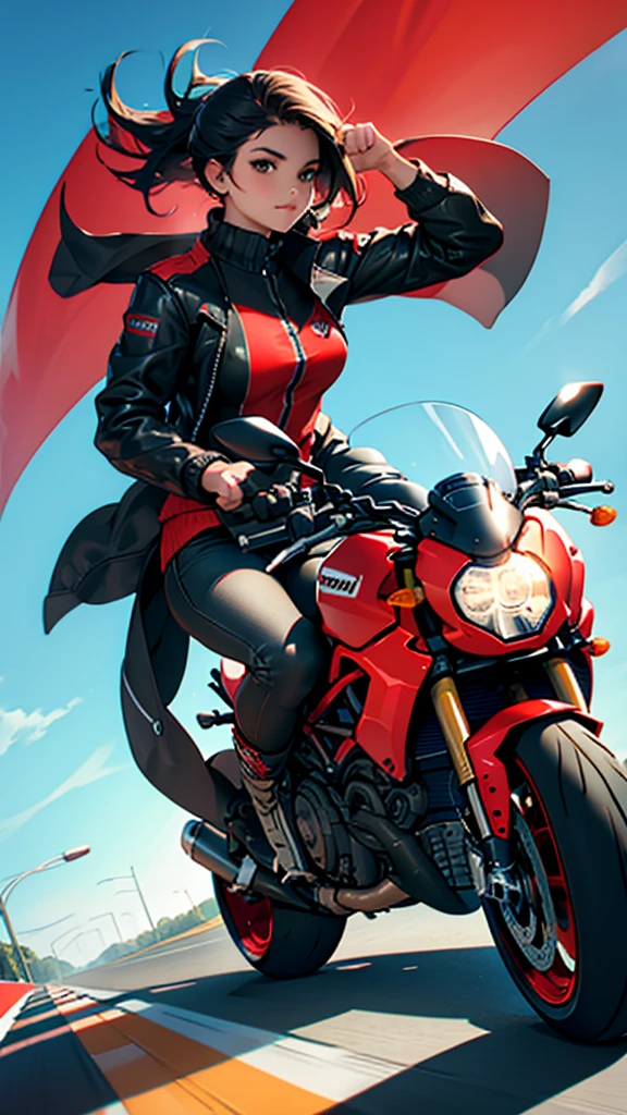 {Perfect front view} of a girl riding ducati monster