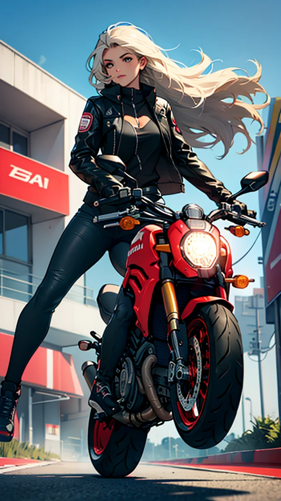 {Perfect front view} of a girl riding ducati monster