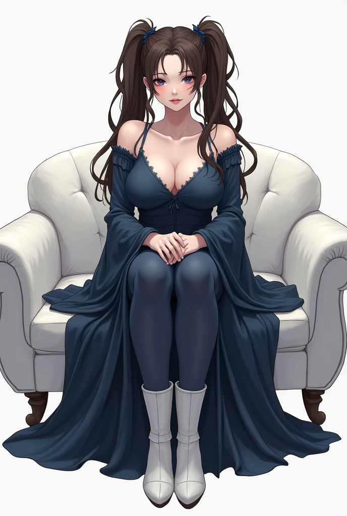 tall girl, white skin, brown hair with dual ponytails, thick body, black eyes, dark blue tent dress, dark blue bell sleeves, white boots, sitting on a white couch, fanart